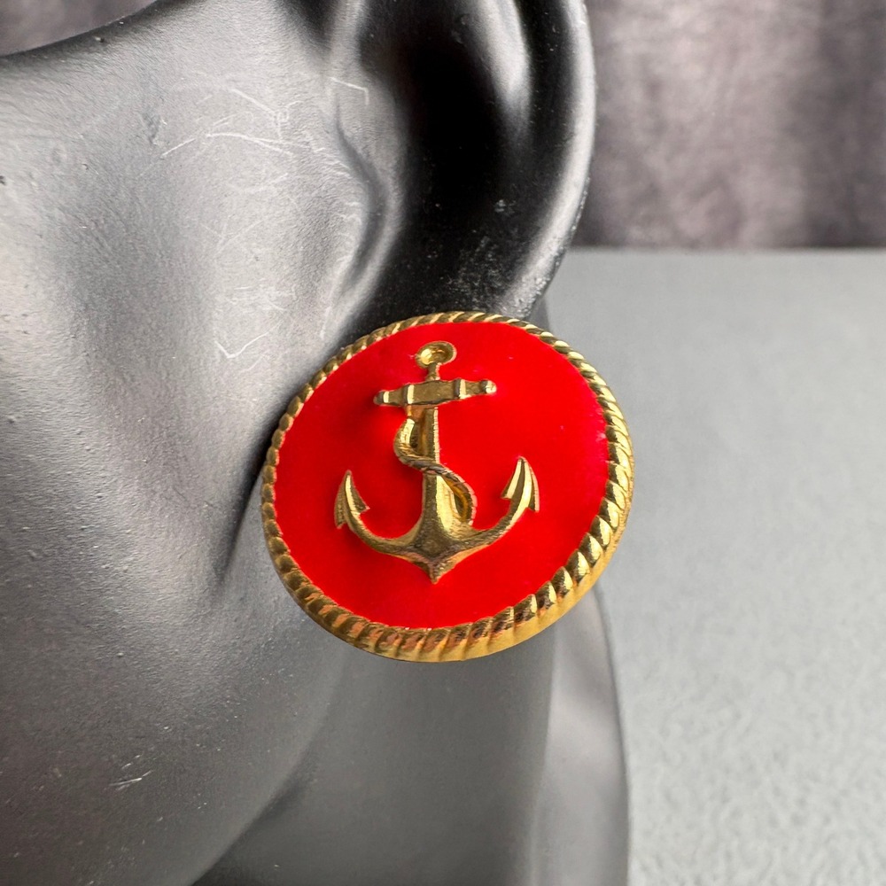 Vintage Red Enamel Gold Anchor Button Stud Earrings Nautical Sailor Theme